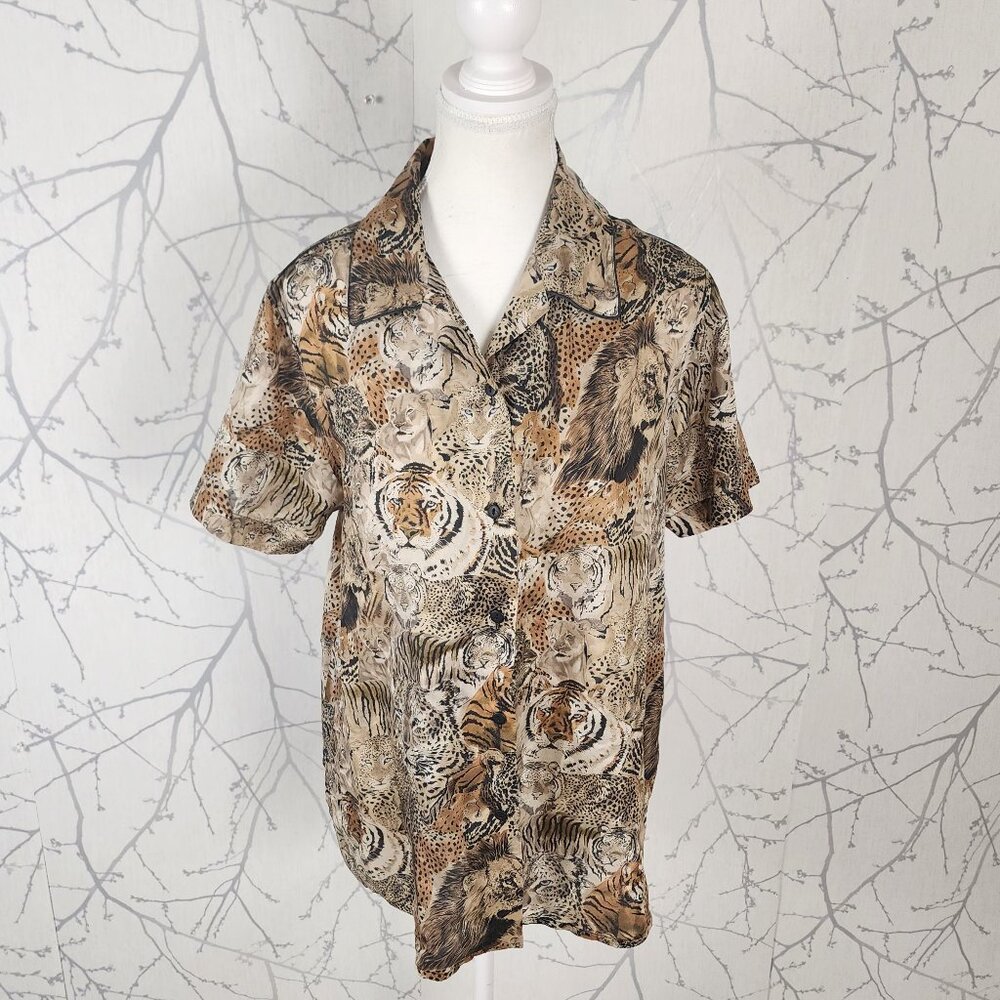 Jennifer L. Big Cats Animal Safari Print 100% Silk Button Front Shirt